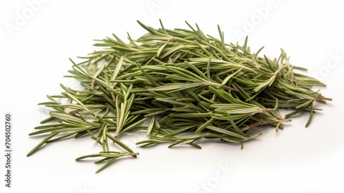 an isolated heap of dried rosemary leaves on a pristine white surface, capturing the herb's green color and needle-like leaves.