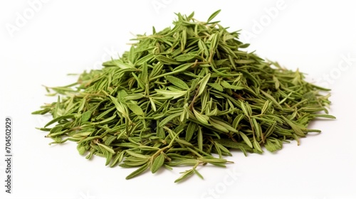 an isolated heap of dried thyme leaves on a white background, capturing the herb's green color and fragrant, delicate leaves.