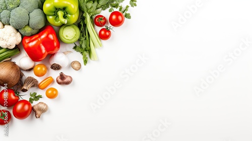 Styled stock photo.sitll life.desktop mockup with tomato,Broccoli,Onion,Pepper,Lettuce,Cauliflower,Carrot,Sweet Potato,Cabbage,Potato,Cucumbers, and white background. Empty space. 