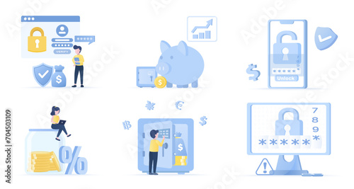 Collection of personal account protection and financial concept scenes. Safety, security, secure storage, saving money, strong password, encryption key. Flat vector design illustration.