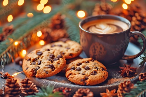 A cup of hot cappuccino coffee and chocolate chip cookies on a dark wood table. Mug with coffee and milk on a background of Christmas and garlands. Warm winter atmosphere. Hot drink banner
