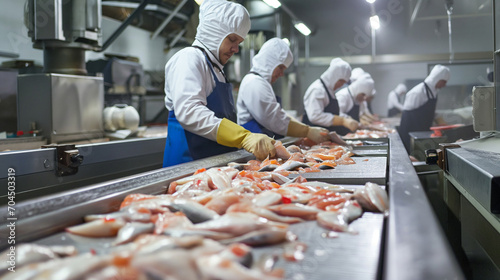 Fish processing plant workers sorting salmon.