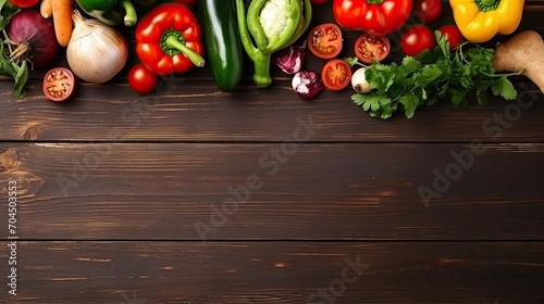 Vegetables on table, flat lay, copyspace 