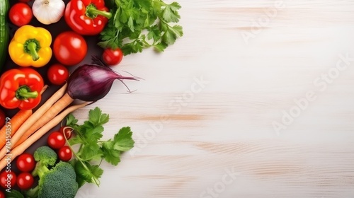 Vegetables on table, flat lay, copyspace