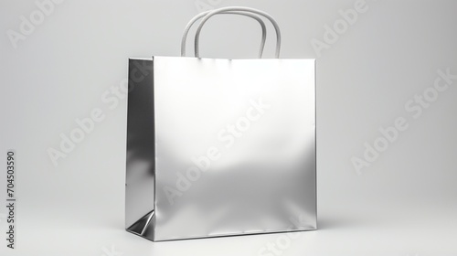 an isolated silver paper bag mockup on a pristine white surface, highlighting the metallic sheen and modern design of this attention-grabbing packaging.