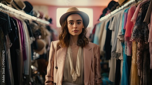 Wide shot of Lily Collins looking around her in the middle of a huge dressing room, pastel-colored clothes classed by colors, natural atmosphere, natural daylight, color photography,  © sambath