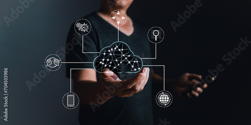 man holding cloud tech diagram show on hand. Data storage.Cloud technology.Secure backup Networking and internet service concept.Implementation storage technology in business. IT support. photo