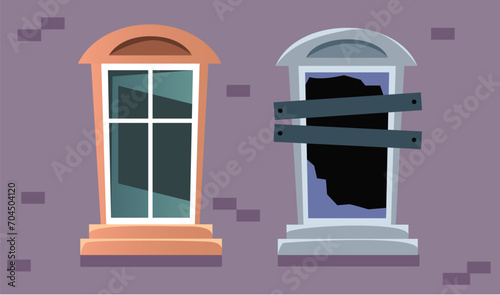New old window house home building interior renovation before after concept. Vector flat graphic design illustration