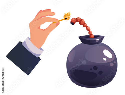 Hand hold matches and set fire to bomb concept. Vector flat graphic design illustration