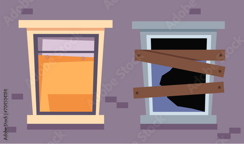 New old window house home building interior renovation before after concept. Vector flat graphic design illustration