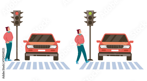Traffic light road cross pedestrian rules concept. Vector graphic design illustration element photo