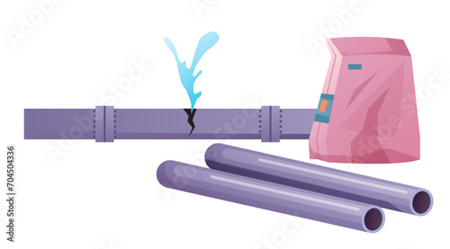 Broken city water pipe pipeline burst break plumbing concept. Vector flat graphic design illustration