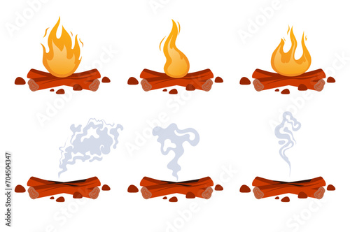 Campfire flames bonfire various isolated set. Vector flat graphic design illustration