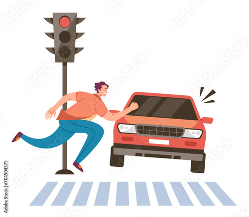 Pedestrian run road on red traffic light concept. Vector flat graphic design illustration

