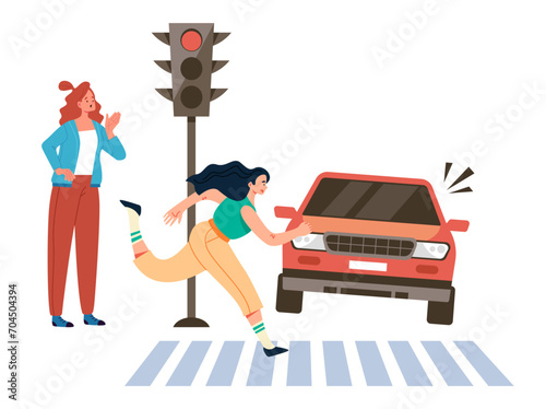 Pedestrian run road on red traffic light concept. Vector flat graphic design illustration
