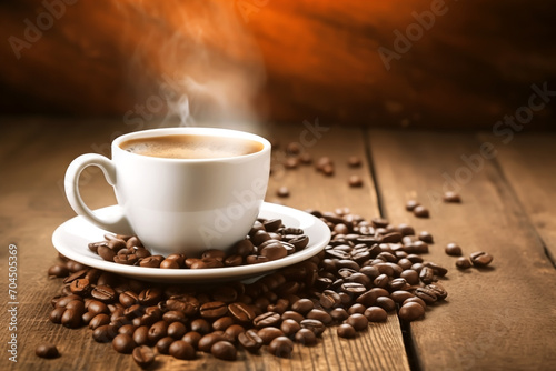 CUP OF HOT COFFEE ON WOODEN TABLE WITH COFFEE BEANS.