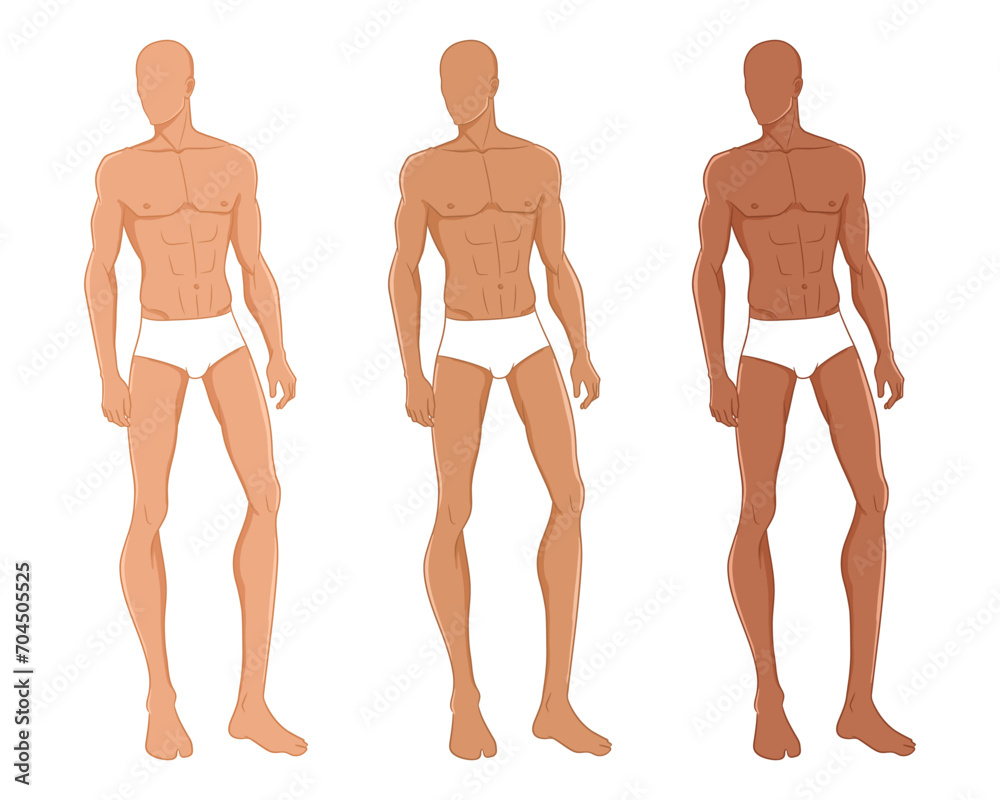 Male fashion model posing. Nine-head fashion figure template. Handsome young man, vector illustration. Man fashion colored croquis with different skin tones. Male fashion model posing. Nine-head fashion figure template. Handsome young man, vector illustration. Man fashion colored croquis with different skin tones.