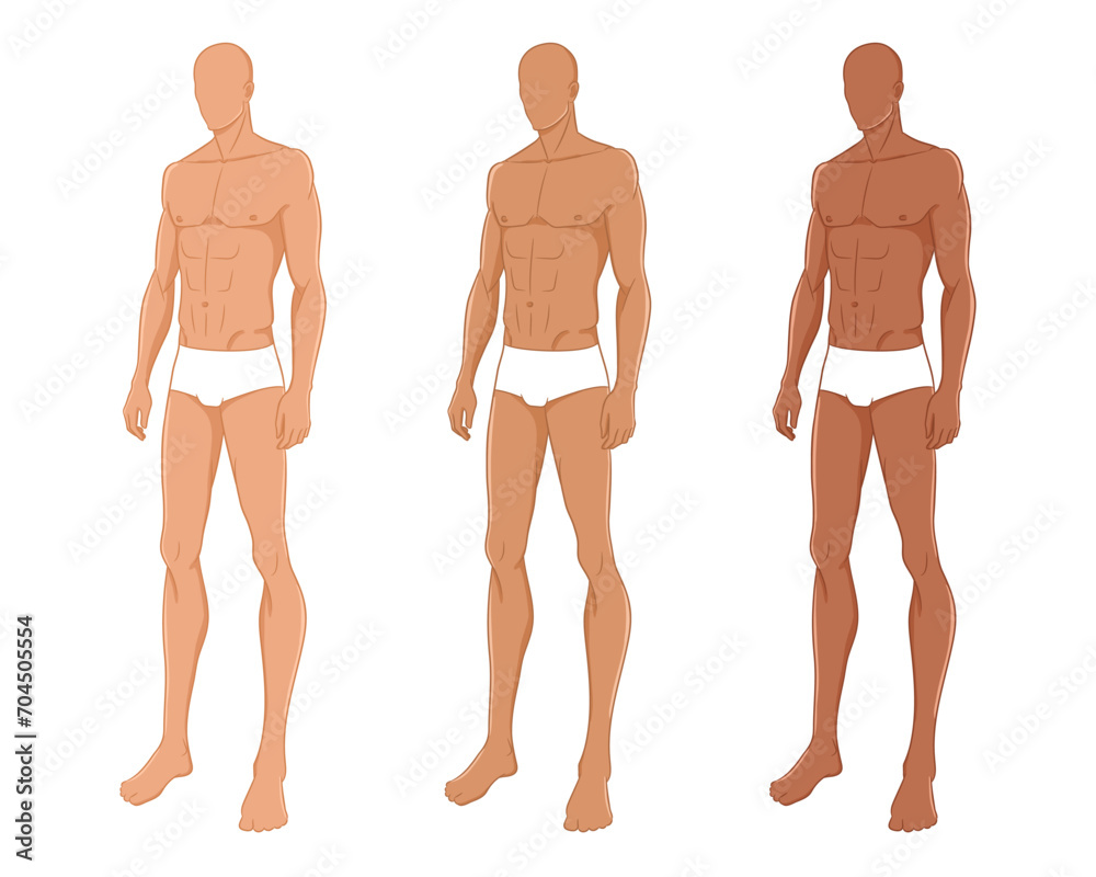 Male fashion model posing. Nine-head fashion figure template. Handsome young man, vector illustration. Man fashion colored croquis with different skin tones. Male fashion model posing. Nine-head fashion figure template. Handsome young man, vector illustration. Man fashion colored croquis with different skin tones.