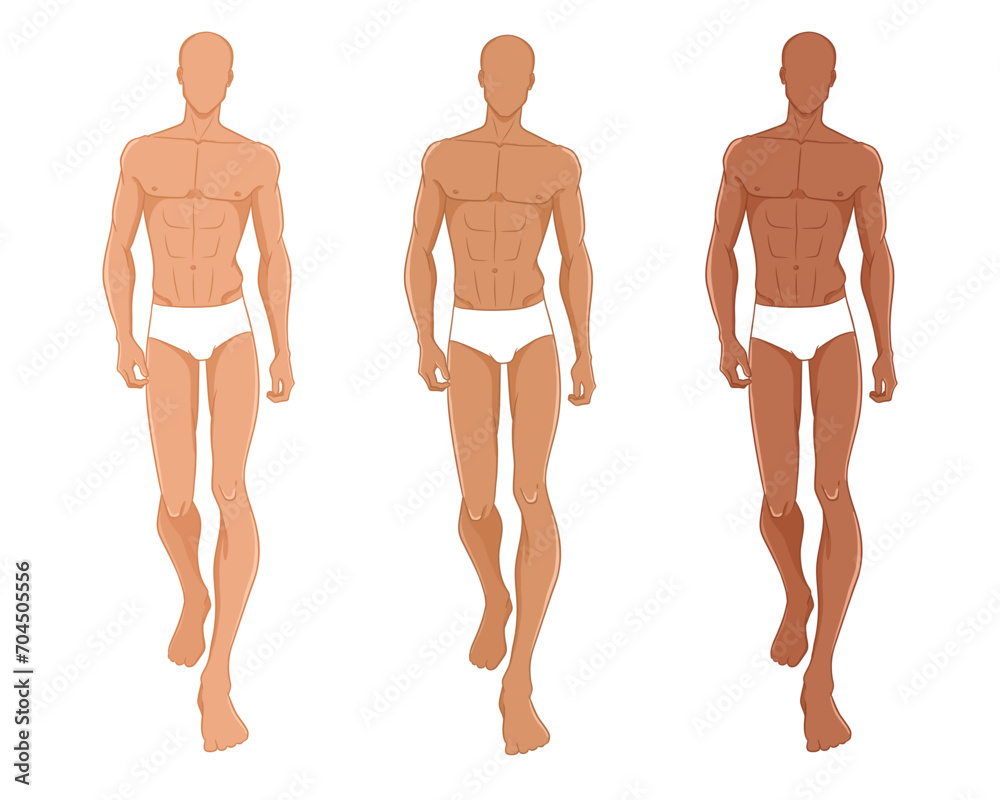 Male fashion model walking on the podium. Nine-head fashion figure template. Handsome young man, vector illustration. Man fashion colored croquis, with different skin tones. Male fashion model walking on the podium. Nine-head fashion figure template. Handsome young man, vector illustration. Man fashion colored croquis, with different skin tones.