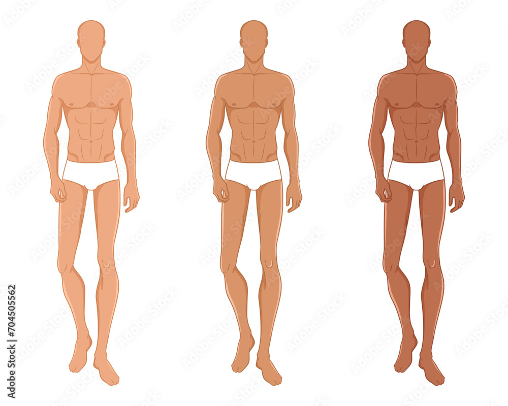 Male fashion model walking on the podium. Nine-head fashion figure template. Handsome young man, vector illustration. Man fashion colored croquis, with different skin tones. Male fashion model walking on the podium. Nine-head fashion figure template. Handsome young man, vector illustration. Man fashion colored croquis, with different skin tones.