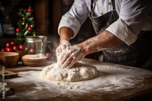 guy professional chef kneading dough. Cooking bread or panettone.