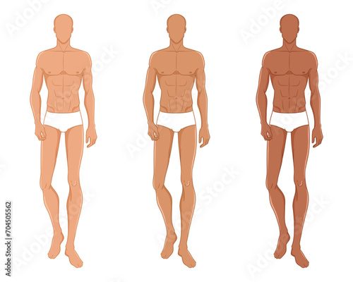 Male fashion model walking on the podium. Nine-head fashion figure template. Handsome young man, vector illustration. Man fashion colored croquis, with different skin tones.