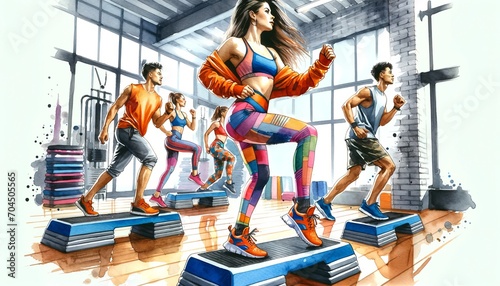 The image is a vibrant watercolor-style illustration of a group fitness step class in a gym with large windows. photo
