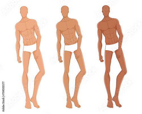 Male fashion model posing. Nine-head fashion figure template. Handsome young man, vector illustration. Man fashion colored croquis with different skin tones.