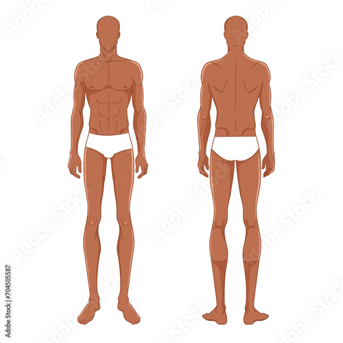 Male fashion dark skin model standing, front, and back views. Nine-head fashion figure template. Handsome young man, vector illustration. Man fashion colored croquis 