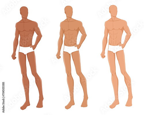 Male fashion model posing. Nine-head fashion figure template. Handsome young man, vector illustration. Man fashion colored croquis with different skin tones.