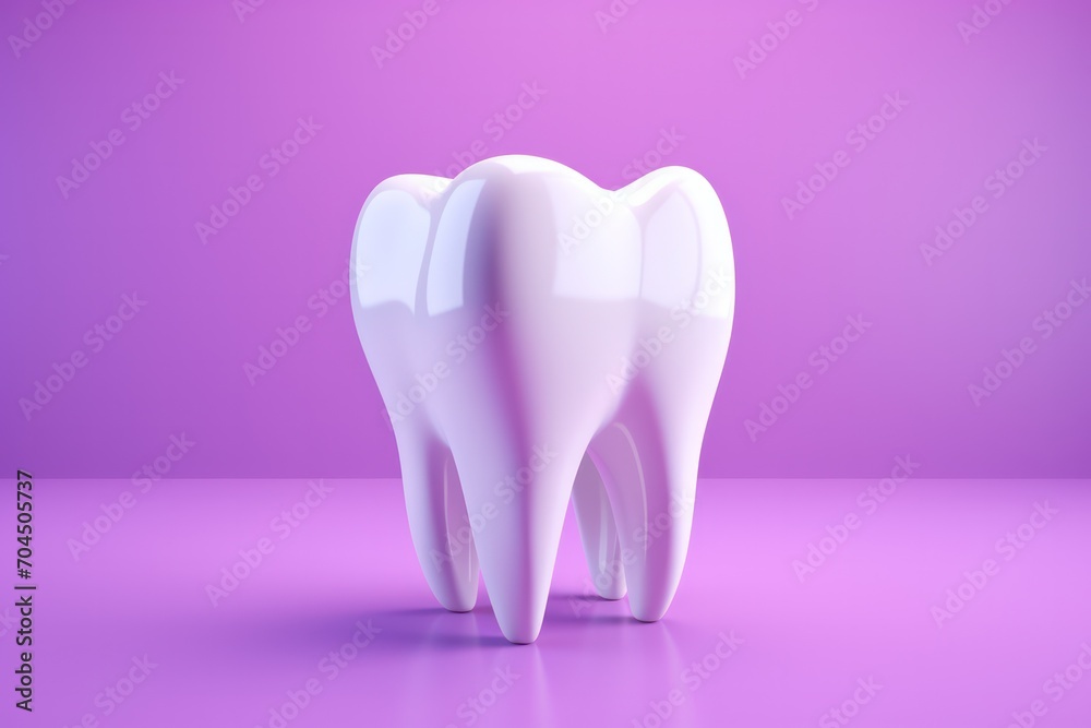 white ceramic tooth 3d render model on fluorescent lilac purple background. Dentist clinic poster or website banner with copy space. white ceramic tooth 3d render model on fluorescent lilac purple background. Dentist clinic poster or website banner with copy space.