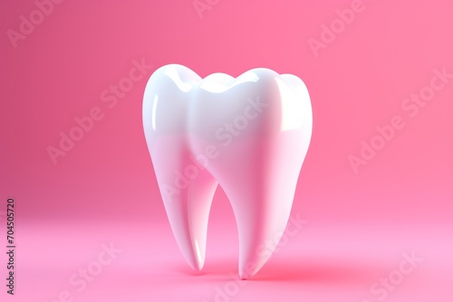 white tooth 3d render model on fluorescent bright pink background. Dentist clinic poster or website banner with copy space.