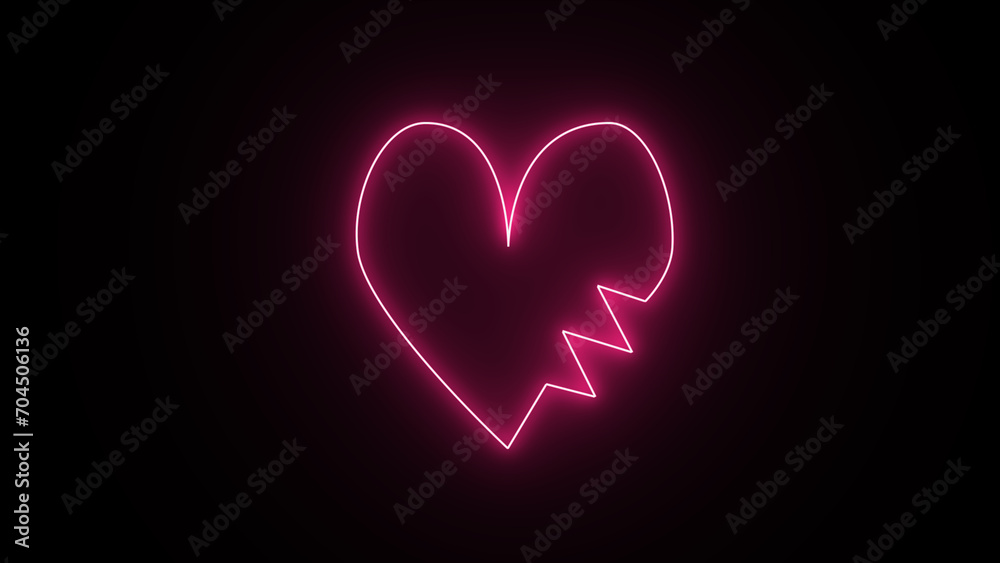 heart beat on black background. Neon light happy valentine day.