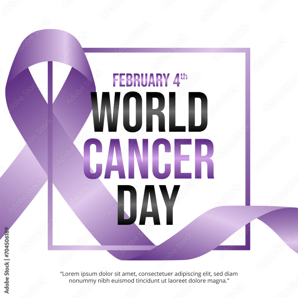 World Cancer Day background with a purple ribbon and square frame World Cancer Day background with a purple ribbon and square frame