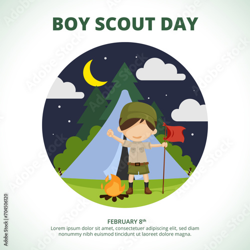 Square Boy Scout Day background with a scout doing camping