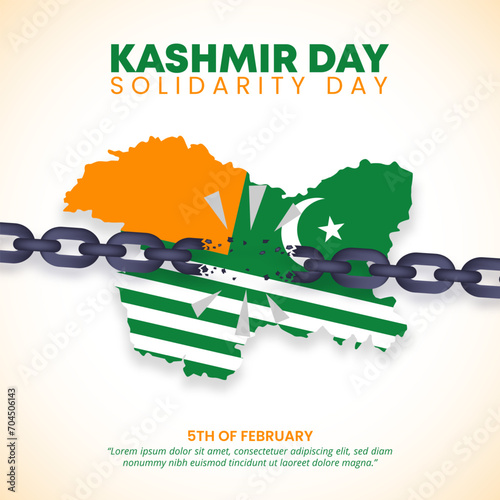 Kashmir Day Solidarity Day background with a Kashmir flag map and broken chain