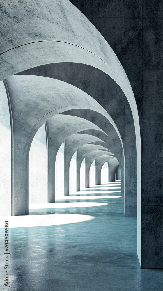 Illustration Beton, Architektur, lichtdurchfluteter Korridor, Light, Schatten und Formen, Generative AI