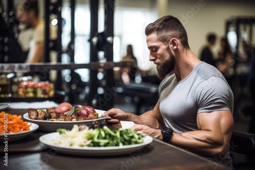 A photograph of a man on a bench press at the gym eating plate full of healthy food,