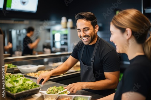 A picture of a fast-casual restaurant employee helping a customer with an order