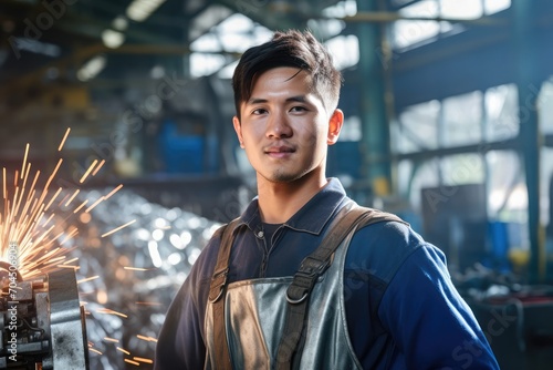A shooting side Portrait of a young handsome clean adult experienced industrial Asian welding worker in industry machinery production line steel manufacturing workshop,