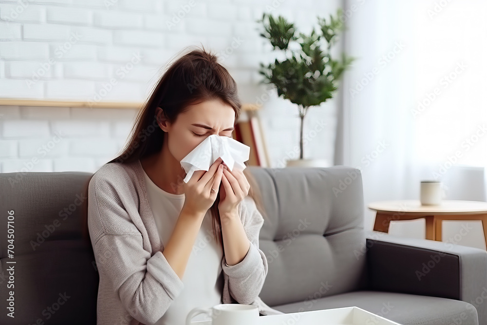 Woman hold napkin cover nose and sneezing, Flu, Un healthy, Cold, Covid 19, Long Covid Awareness Day, a World Tuberculosis Day Woman hold napkin cover nose and sneezing, Flu, Un healthy, Cold, Covid 19, Long Covid Awareness Day, a World Tuberculosis Day
