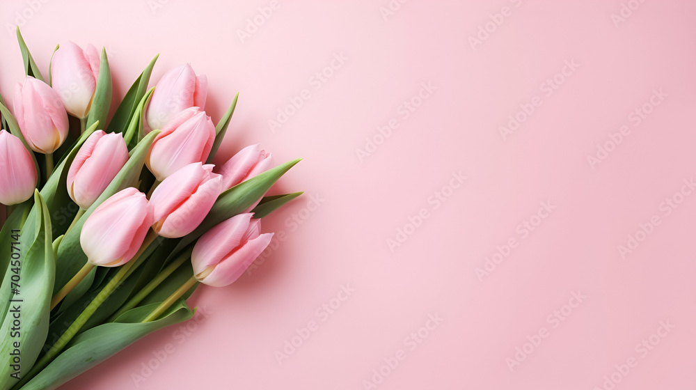 Greeting card of bouquet of pink tulips on a pastel pink background with copy space, generative ai