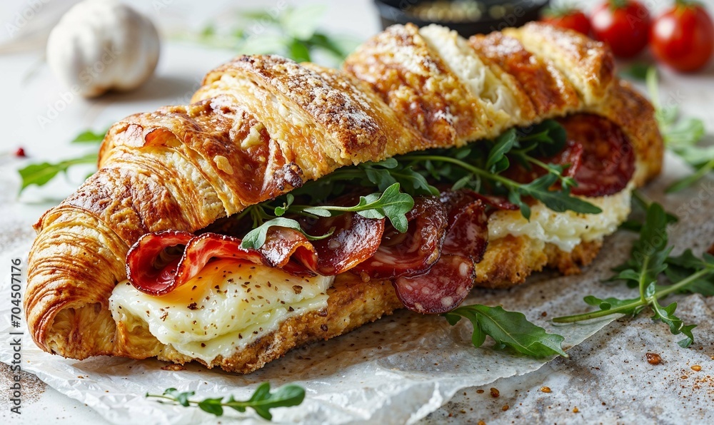 A toasted croissant sandwich with salami and mozzarella on a wooden cutting board A toasted croissant sandwich with salami and mozzarella on a wooden cutting board