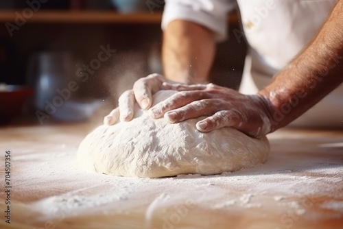 A baker kneads dough on a floured surface, preparing to create delicious bread or pastries