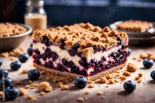 close-up of a beautiful sponge cake decorated with blueberries, cinnamon pieces, AI generated