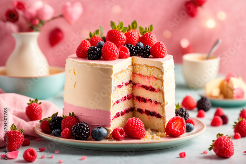 close-up of a beautiful sponge cake decorated with raspberries and blueberries, AI generated