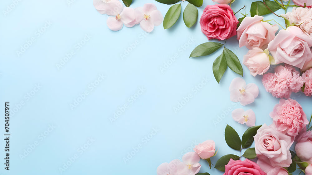 Pink roses on a blue background with a frame around the bottom, generative ai