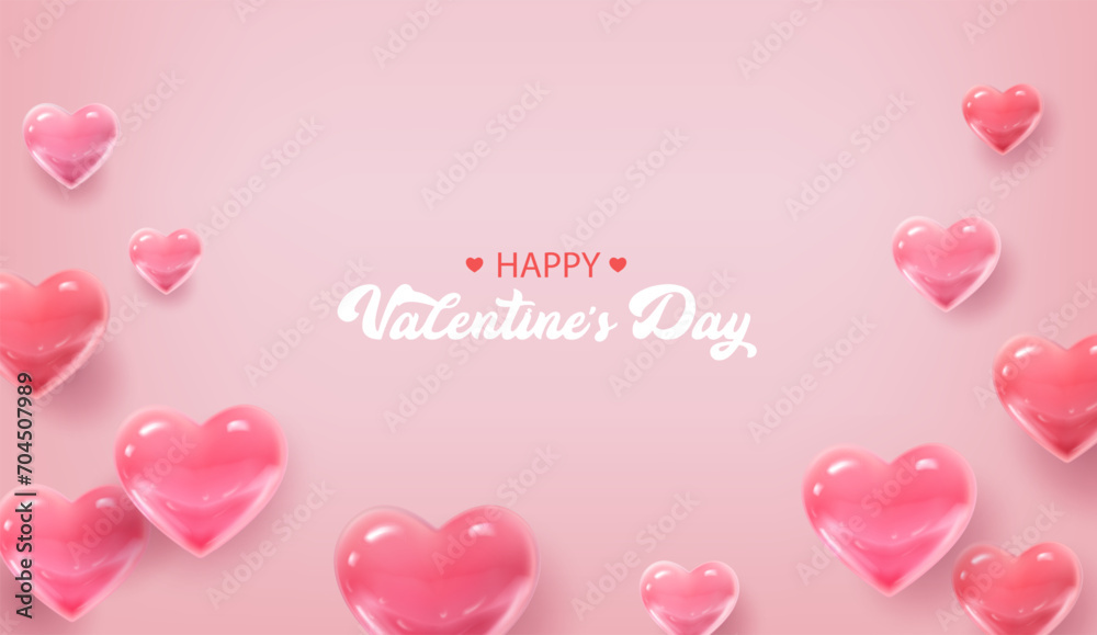 3d realistic vector illustration. Happy Valentine’s Day banner. Pink hearts on light background.
