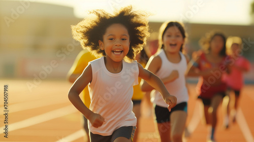 Multi diverse multi ethnic kids running on athletic track, showcasing a healthy active lifestyle for little children
