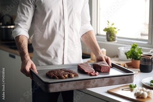 A man in a shirt and a gray apron stands in the kitchen near the table and holds a tray with cooked meat in his hands